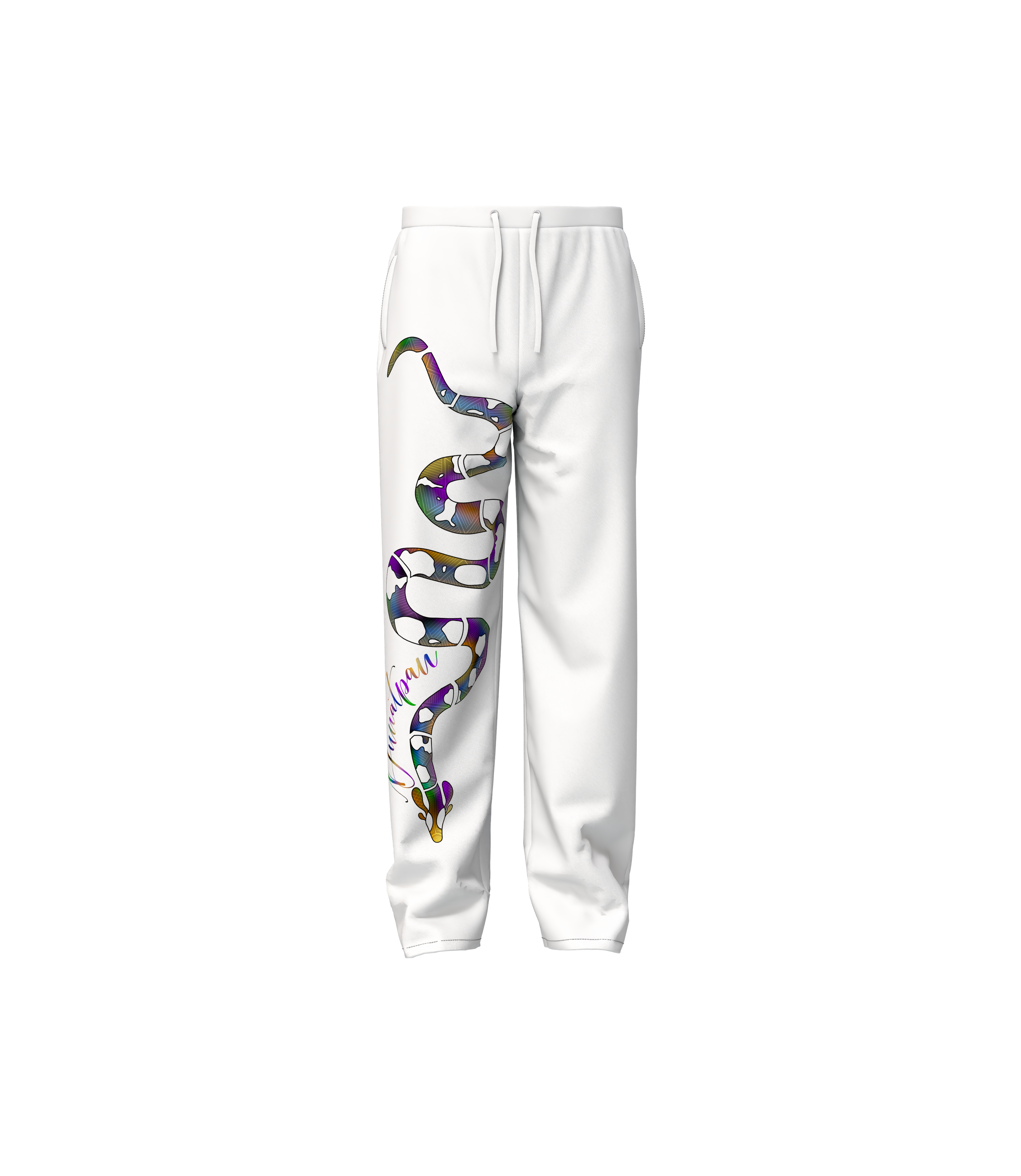 Ivory track pants with colourful illustrated artwork
