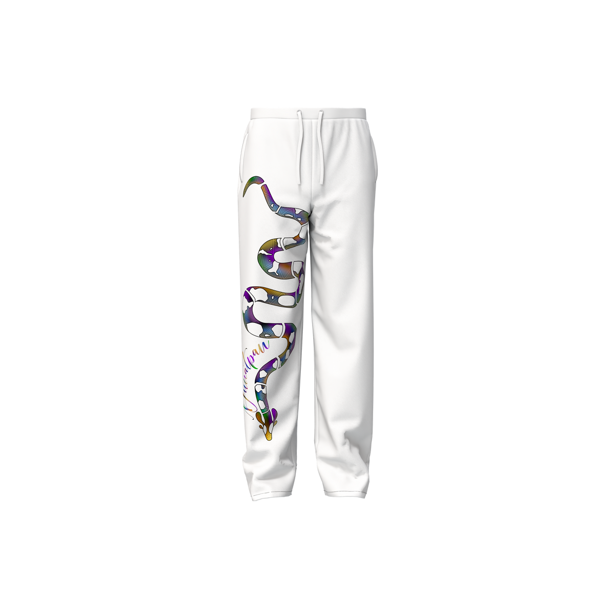 Ivory track pants with colourful illustrated artwork