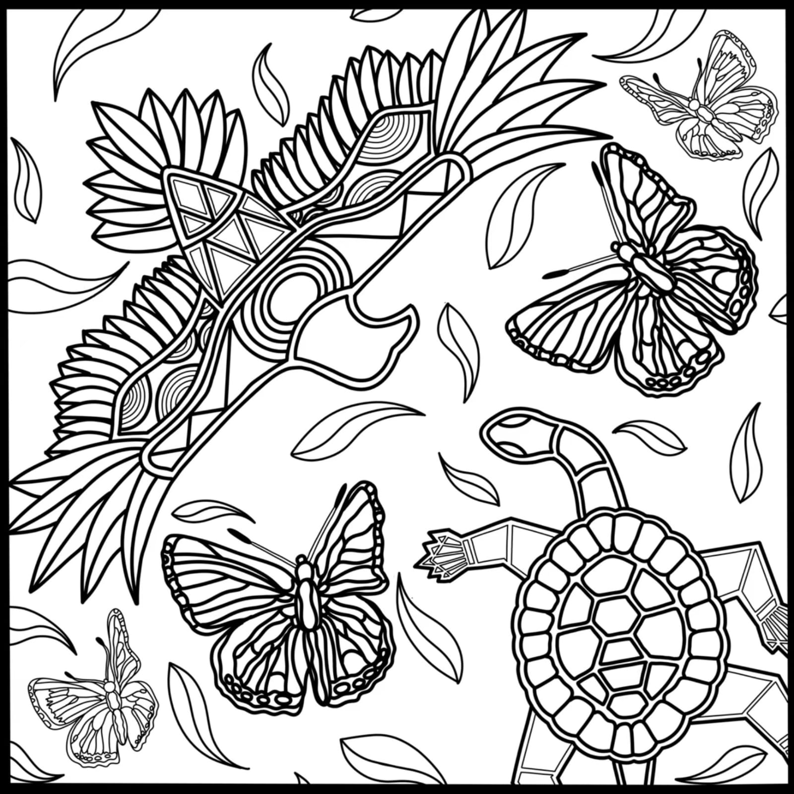 Continuous line-work artwork with butterflies and a turtle